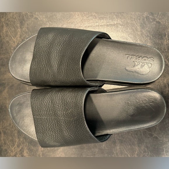 Sorel Black Pebbled Leather Roaming Decon Slides Sandals Size 8.5 - Picture 3 of 5